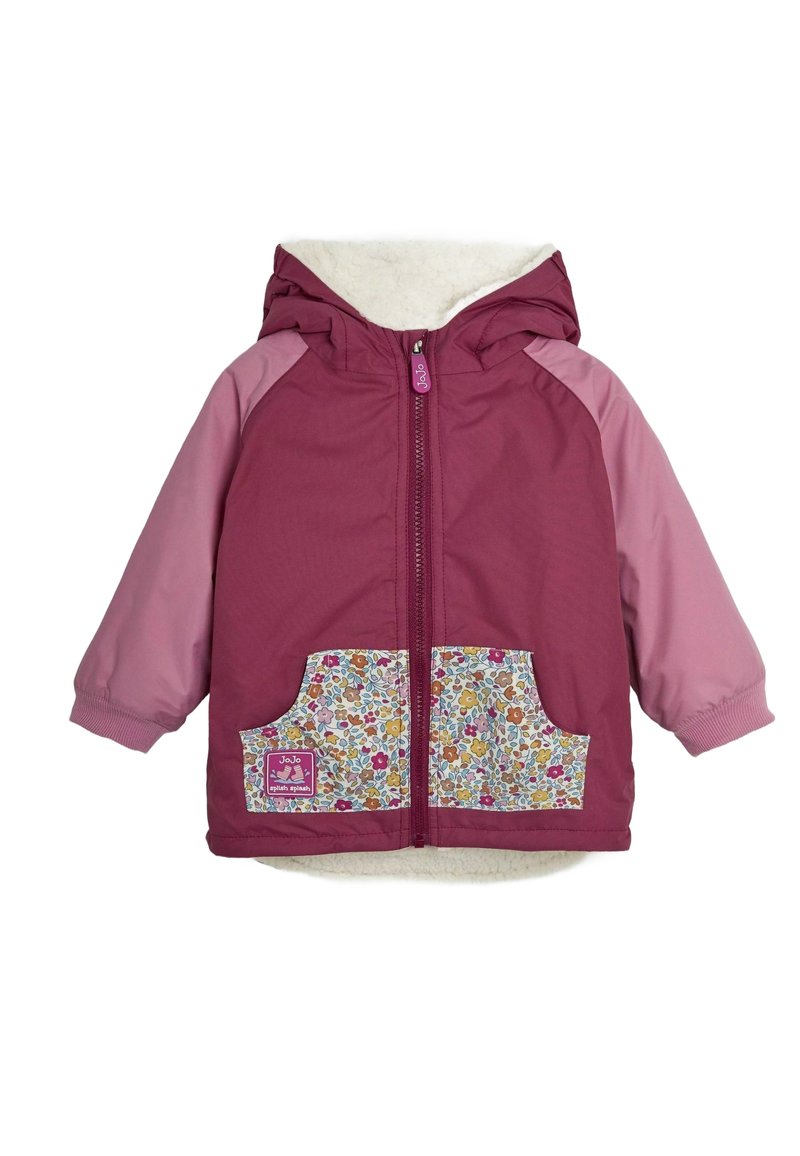 Mörkröd huvtröja med rosa ärmar, lurvig foder, blommönstrade fickor, framdragkedja och en logotypapplikation på nedre vänstra fickan.