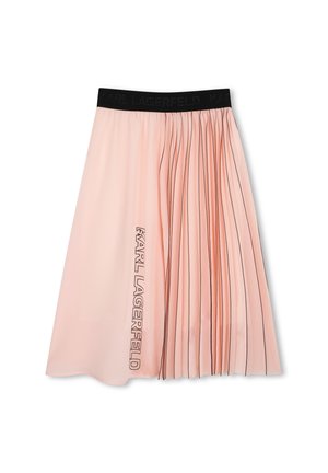 Jupe plissée rose clair avec des lignes verticales noires sur un côté, ceinture élastique noire et "Karl Lagerfeld" imprimé verticalement à l'avant.