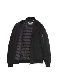 Schwarze Bomberjacke mit gestepptem Innenfutter, Frontreißverschluss, gerippten Bündchen und mehreren äußeren Taschen. Glattes Außenmaterial mit matter Oberfläche.