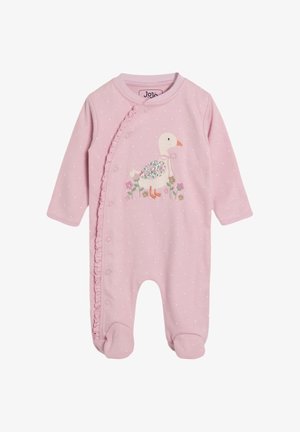 Rosa Babyschlafanzug mit weißen Punkten, Rüschenbesatz entlang der Druckknöpfe und einer vorne bestickten Ente mit floralen Details.