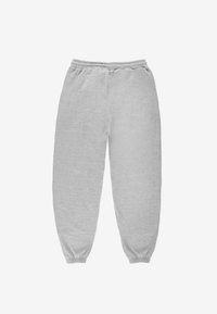 Jasnoszare spodnie dresowe z elastycznym pasem i ściągaczami przy kostkach, wykonane z miękkiego, bawełnianego materiału.