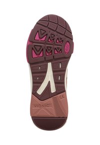 Vionic schoenzool met een roze en kastanjebruine rubberen materiaal, voorzien van gestructureerde grippatronen, driehoekige accenten en een beige basis.