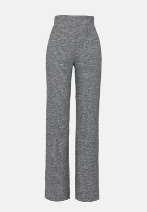 Grå, stickade vida byxor med hög, elastisk midja, med en texturerad tyg och utan synlig hårdvara eller detaljer.