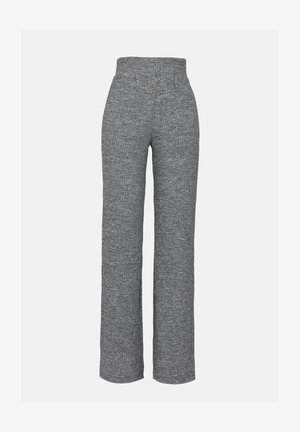 Gray, knitted wide-leg pants with a high, elastic waistband, featuring a textured fabric and no visible hardware or accents.