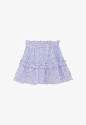 Lys lilla lagdelt nederdel med flæset taljebånd og blomsterprint, lavet af transparent, letflydende stof.