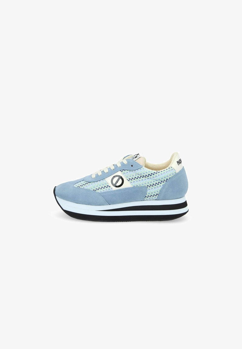 Blue suede sneaker with a woven textile upper, white accents, and a layered sole featuring black and white stripes.