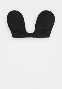 Black molded bra with a plunging front, smooth texture, and rounded cups. Features minimal stitching and no visible hardware.