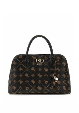 Sac à main noir Guess avec motif logo marron, double poignée, plaque logo argentée et porte-clés assortis.