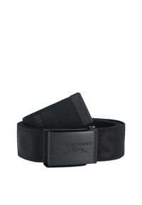 Cintura nera in nylon con superficie testurizzata e fibbia rettangolare nera con il logo "Swedemount". Lunghezza regolabile per personalizzazione.