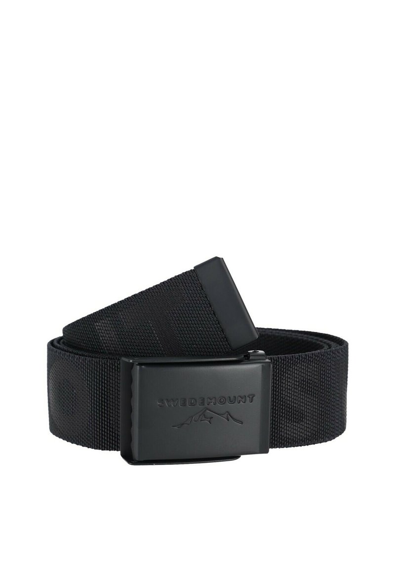 Cintura nera in nylon con superficie testurizzata e fibbia rettangolare nera con il logo "Swedemount". Lunghezza regolabile per personalizzazione.