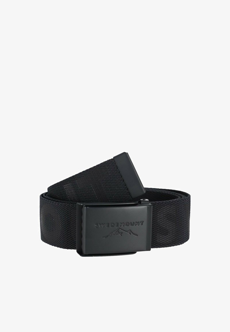 Cintura nera in nylon con superficie testurizzata e fibbia rettangolare nera con il logo "Swedemount". Lunghezza regolabile per personalizzazione.