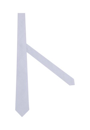 Jasnoniebieski krawat z drobnym ciemnoniebieskim wzorem diamentowym, pokazany z przodu i z tyłu na białym tle.