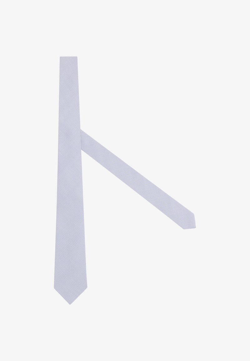 Cravate bleu clair avec un petit motif de losanges bleu foncé, présentée de face et de dos sur fond blanc.