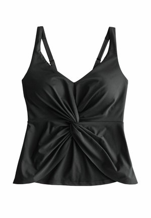 Top negru fără mâneci, cu decolteu în V, bretele reglabile și detaliu răsucit la nivelul taliei.