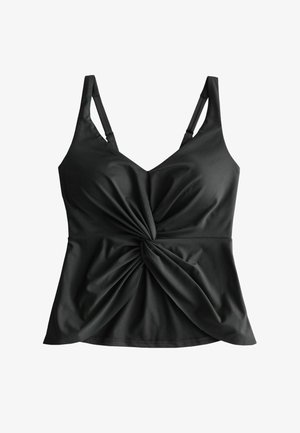 Must musta V-kaelusega varrukateta topp, reguleeritavate rihmade ja keeratud sõlme detailiga vöökohal.