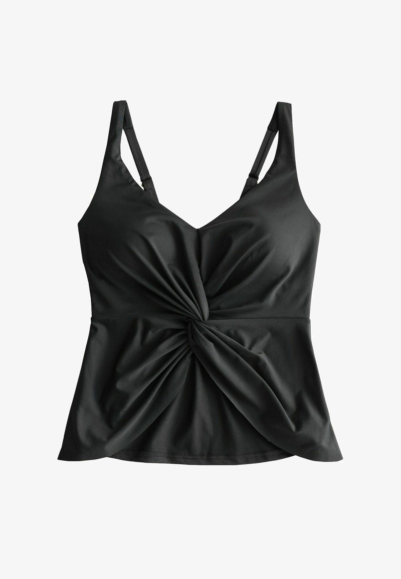 Czarny bezrękawnik z dekoltem w serek, regulowanymi ramiączkami i ozdobnym skręconym węzłem na wysokości talii.