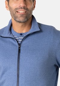 Veste en polaire bleue zippée avec un col haut et une fermeture éclair noire visible. En dessous, une chemise à col rond rayée dans des tons de bleu est partiellement visible.