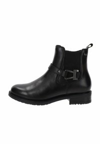 Stivale in pelle nera con punta rotonda, pannelli elasticizzati ai lati e cinturino decorativo con fibbia. Suola in gomma texturizzata con tacco basso.