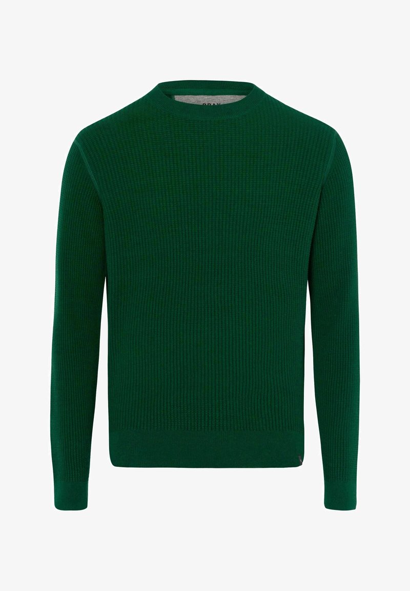 Pull en maille côtelée vert foncé à col rond avec manches longues et poignets ajustés.