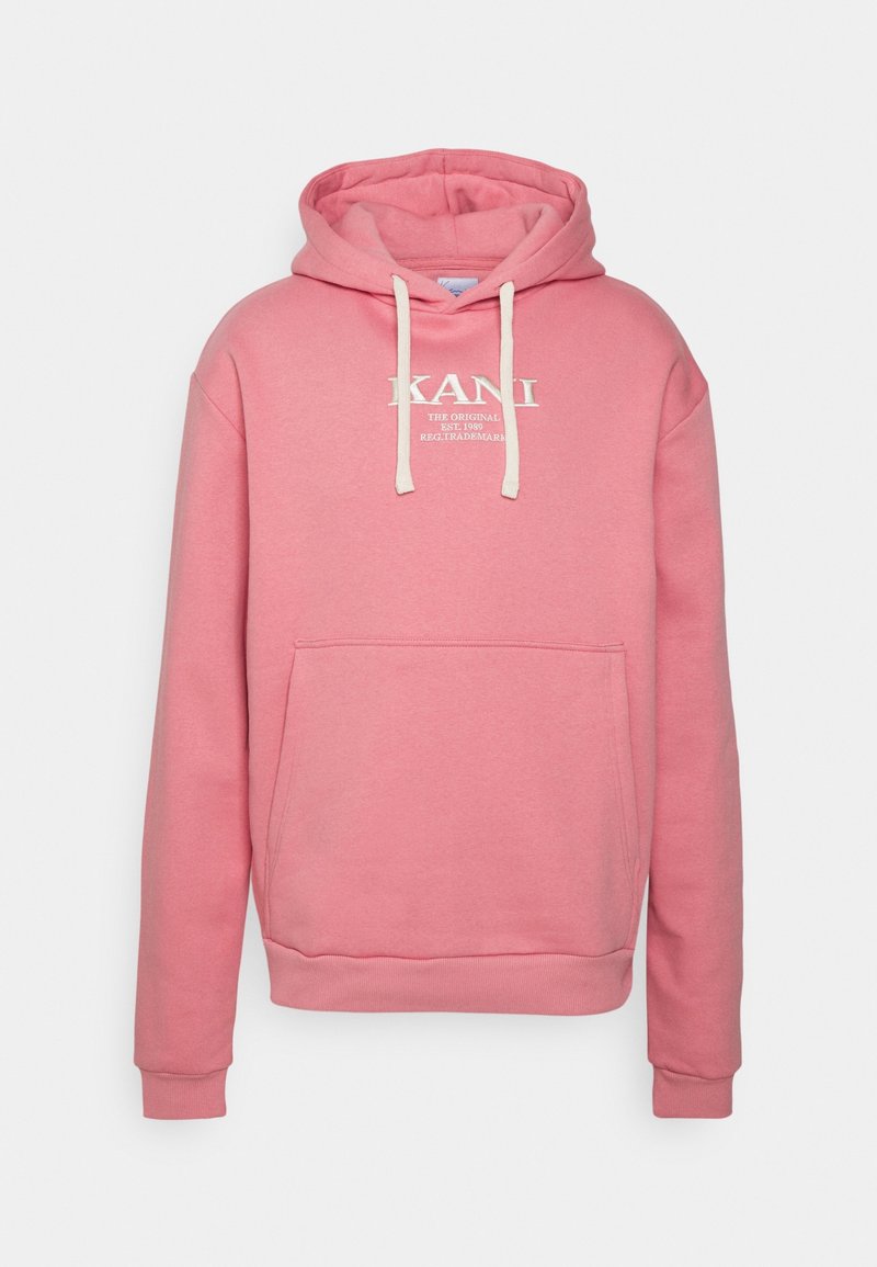 Sweat à capuche rose avec cordons blancs, poche kangourou devant, et texte du logo blanc centré sur la poitrine.