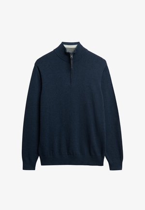 Marineblauwe pullover met lange mouwen en kwartrits, met geribbelde kraag, boorden en zoom, voorzien van een subtiel geborduurd logo op de borst.