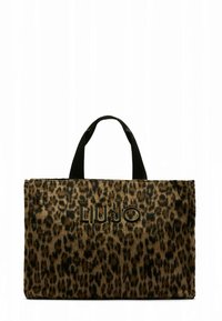 Geantă tote cu imprimeu leopard, realizată dintr-un material texturat. Are două mâneruri negre și un logo proeminent auriu pe față.