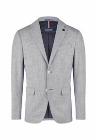 Helles graues Blazer aus strukturiertem Stoff. Es verfügt über zwei Fronttaschen, einen ausgeschittenen Kragen und weiße Knöpfe. Blaue gemusterte Fütterung sichtbar.