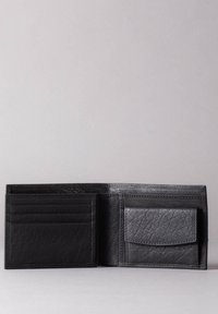 Black leather wallet with multiple card slots, textured surface, and a slot for bills or coins. Folded design with functional compartments.