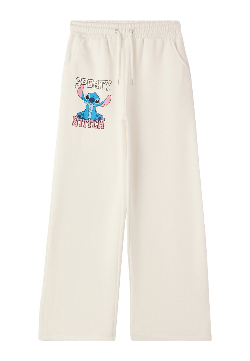 Kremowe szerokie spodnie dresowe z elastycznym pasem i sznurkiem w talii, z grafiką Stitcha obok napisu "SPORTY STITCH."