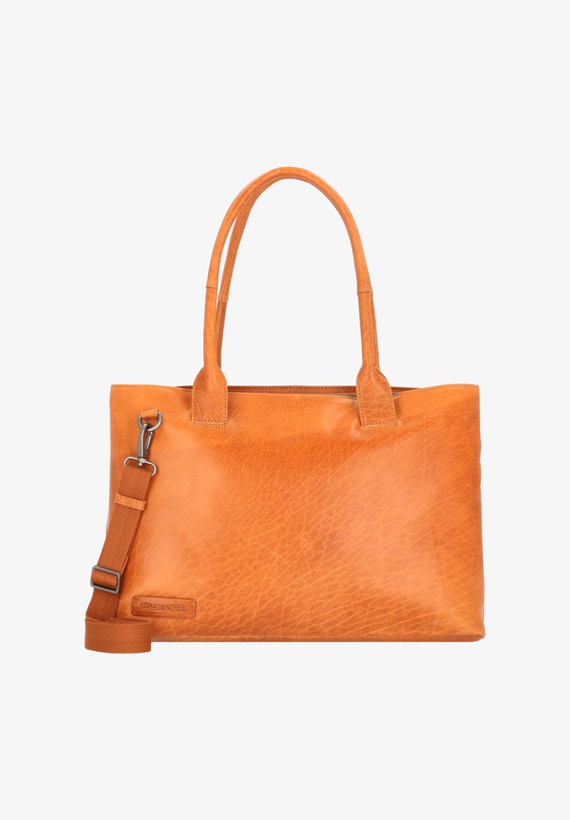 Sac fourre-tout en cuir orange avec deux poignées et une bandoulière ajustable. Présente une surface lisse et texturée ainsi que des coutures décoratives.