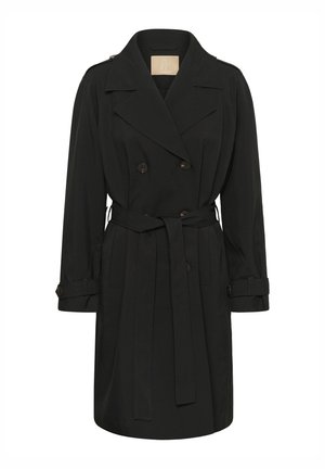 Trench-coat noir en tissu lisse, doté d'un devant à double boutonnage, de larges revers, d'une ceinture ajustable et de poignets ornés de boutons.