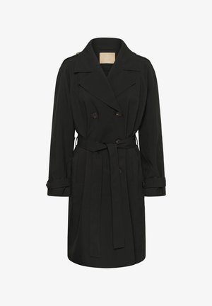 Czarny płaszcz trencz wykonany z gładkiej tkaniny, posiada dwurzędowy przód, szerokie klapy, regulowany pasek i ozdobne mankiety na guziki.