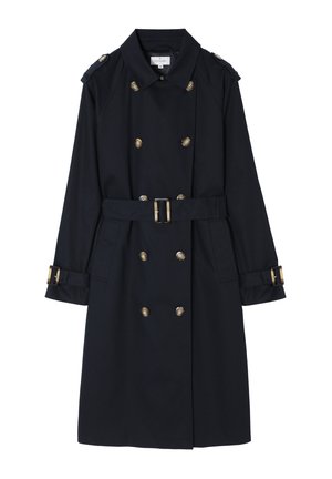 Marineblauer Trenchcoat mit doppelreihigen goldenen Knöpfen, tailliertem Gürtel, Schulterklappen und Akzenten an den Ärmeln. Hergestellt aus einem glatten, eleganten Stoff.