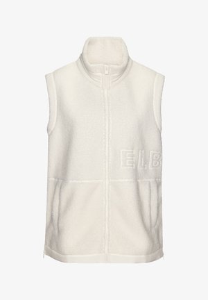 White fleece vest with a high collar, zip closure, and two front pockets. Features embossed letters "ELB" on the front. Smooth, soft texture.