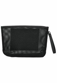 Sort mesh toilettaske med et åbent vævdesign, en lynlåsåbning i toppen og et robust håndledsrem for nem transport.