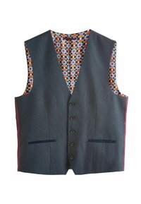 Veste med en mørkegrå tekstureret overflade, prydet med en farverig geometrisk mønster-foring, fem sorte knapper og to forlommer.