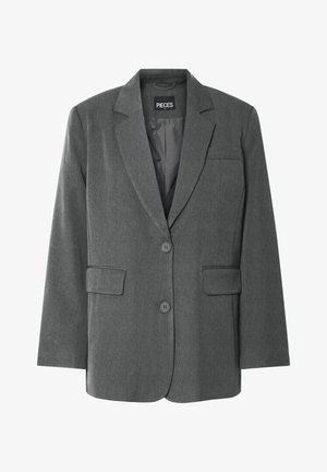 Pelēks žakets ar iegriezumu ap kolu, divām priekšējām kabatām un divu pogu aizdari. Izgatavots no strukturēta auduma ar gludu iekšējo oderi.