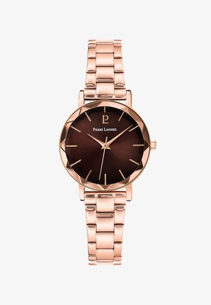 Roségoldene Armbanduhr mit einem runden braunen Zifferblatt, eleganten Stundenmarkierungen und einem passenden Metallarmband. Mit einem Logo auf der 12-Uhr-Position.