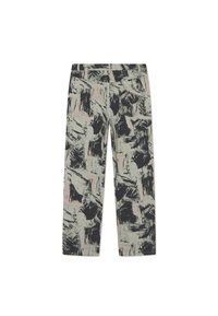 Wide-leg pants made of lightweight fabric in a multi-color abstract pattern with greens, blacks, and blush accents. Smooth texture.
