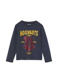 Navy long-sleeve T-shirt with red and yellow graphic featuring "Hogwarts," a shield design, and text "School of Witchcraft Wizards."