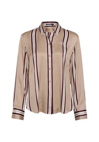 Beige long-sleeve shirt with vertical maroon and white stripes, button-down collar, and embroidered logo on the left chest. Smooth fabric.