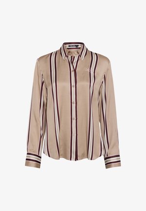 Beige long-sleeve shirt with vertical maroon and white stripes, button-down collar, and embroidered logo on the left chest. Smooth fabric.