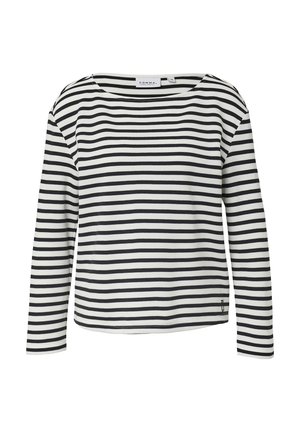 Haut à manches longues rayé noir et blanc avec un col bateau large et un petit détail de logo en bas de l'ourlet.