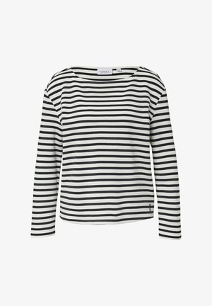 Black and white striped long-sleeve top with a wide boat neckline and a small logo detail at the bottom hem.