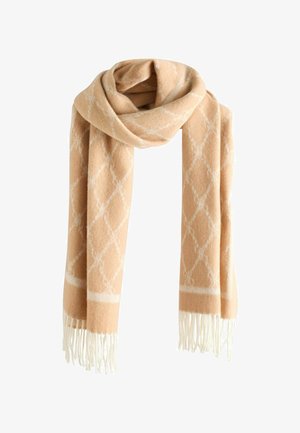 Pfirsichfarbener Woven-Schal mit weißem Diamantenmuster und Fransenenden. Weiche Textur, leichtes Design, geeignet für Schichtung und Wärme.