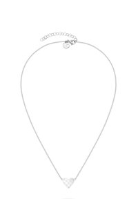 Zilveren halsketting met een dunne ketting, voorzien van een hartbedel met een rasterpatroon en een kreeftsluiting met een verlengketting.