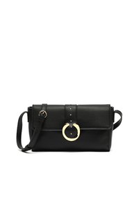 Borsa a tracolla nera in ecopelle, con patta pieghevole, accessori in oro e dettagli decorativi in chiodi. Include una tracolla regolabile.