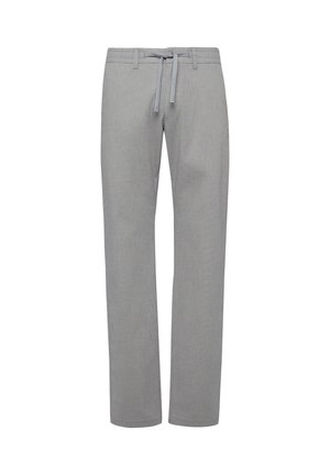 Hellgraue, gerade geschnittene Hose mit elastischem Bund und vorderem Kordelzug, ohne sichtbare Taschen oder Verzierungen.