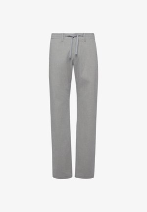 Hellgraue, gerade geschnittene Hose mit elastischem Bund und vorderem Kordelzug, ohne sichtbare Taschen oder Verzierungen.