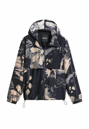 Lightweight zip-up hooded jacket with abstract black and beige floral pattern and elastic cuffs and hem drawstrings.